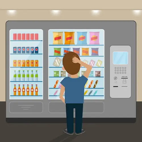 Cartoon man looking confused at a vending machine — metaphor for clitoral unpredictability