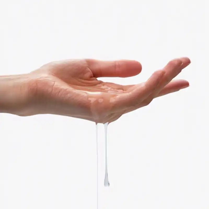 Dripping lube on open palm against white background