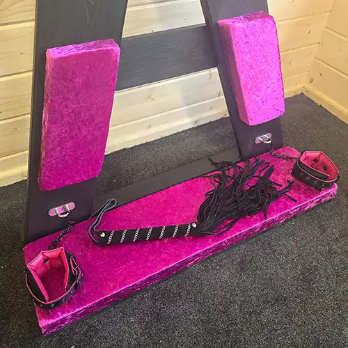Close-up of our St. Andrew’s Cross and cabin sex room setup