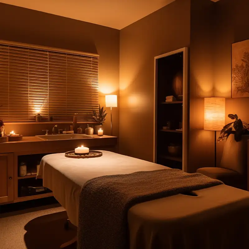 Soft lighting and relaxed bedroom setup for yoni massage