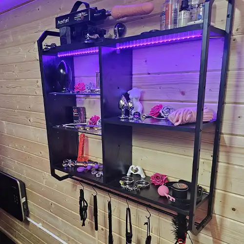 LED-lit display shelf showcasing floggers, anal hooks, cuffs, and kink gear in a custom sex room
