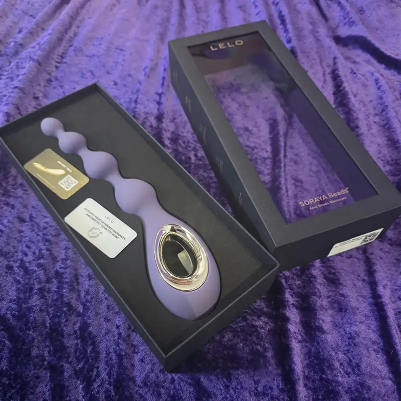 Lelo Soraya packaging contents - box, toy, bag, charger