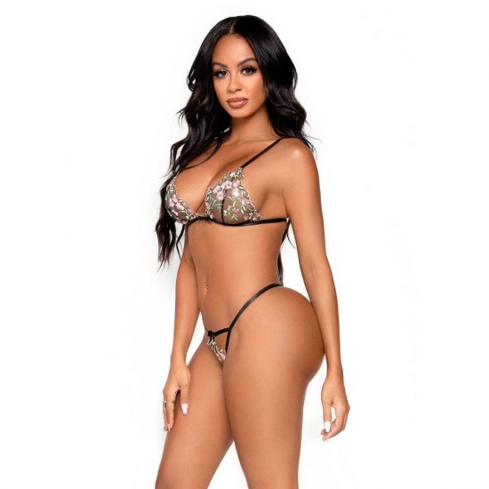 Leg Avenue Floral Sheer Bra and GString Black Leg Avenue Floral Sheer Bra and GString Black