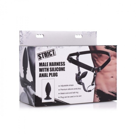 XR Strict Male Cock Ring Harness with Silicone Anal Plug XR Strict Male Cock Ring Harness with Silicone Anal Plug